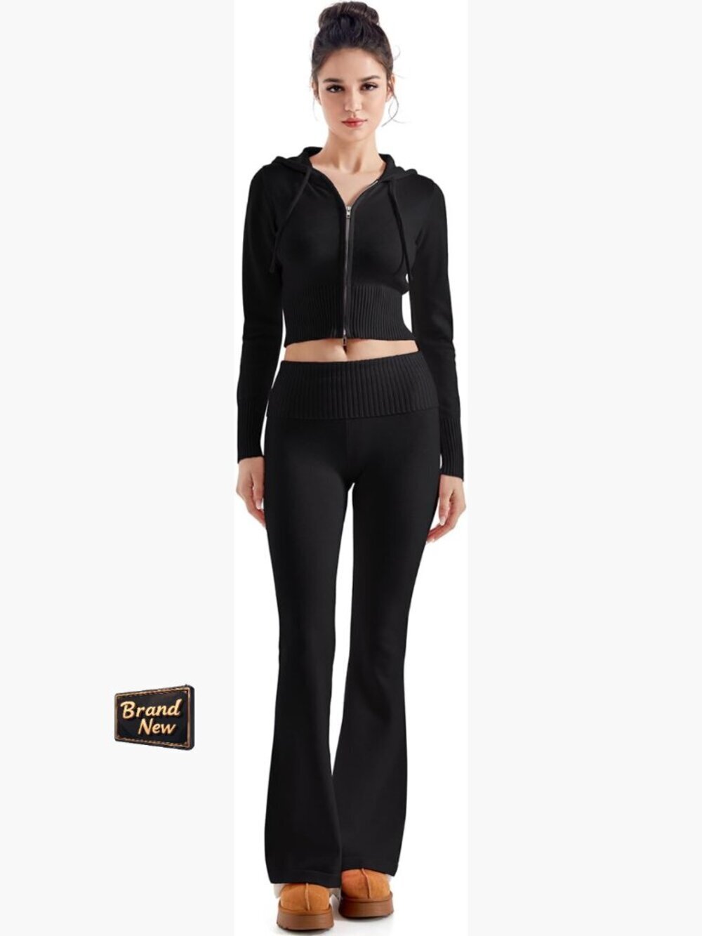 2 Piece Knit Set Cropped Zip Up Hoodie Foldover Flare Leg Pants Sweatsuit
